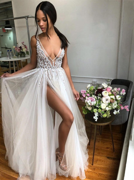 A-Line V-Neck Floor-Length Ivory Prom Dress with Beading Split ODA018 | ballgownbridal