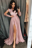 A-Line V-Neck Long Sleeves Satin Prom Dress With Appliques Split SJ211064