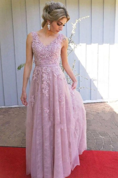 A Line V Neck Open Back Pink Lace Long Prom Dress, Evening Dress SJ211146