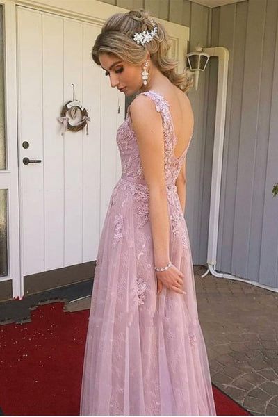 A Line V Neck Open Back Pink Lace Long Prom Dress, Evening Dress SJ211146