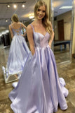 A Line V Neck Open Back Purple Satin Long Prom Dress, Evening Dress  SJ211148