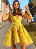 A Line V Neck Spaghetii Strap Short Lace Prom Dresses, Homecoming Dress SJ210923