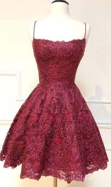 A-Line Burgundy Lace Homecoming Dress Short Prom Dress MT3301