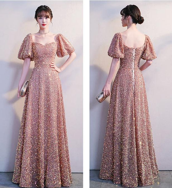 Long A-line Elegant Lace Up Back Prom Dresses With Sleeves SJ210902
