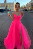 A-line Modest Tulle V-Neck Spaghetti Straps Long Prom Dress with Slit  PDA601 | ballgownbridal