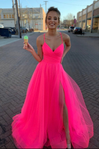 A-line Modest Tulle V-Neck Spaghetti Straps Long Prom Dress with Slit  PDA601 | ballgownbridal