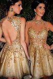 A-line Scoop Gold Short Prom Dress, Homecoming Dress with Open Back SJ211001