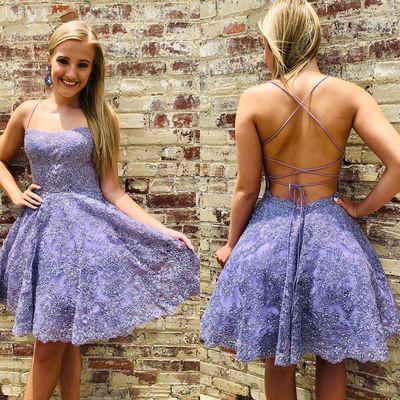 A-line Spaghetti Straps Lace Appliques Short Prom Dress, Homecoing Dress SJ210912