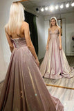Long A-line Spaghetti Straps With Shiny Sequin Prom Dresses SJ210904