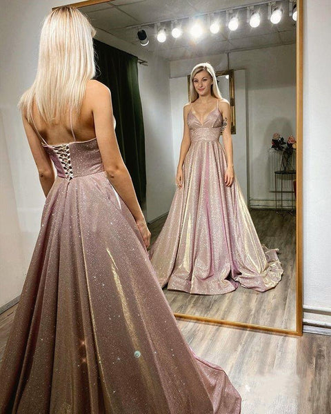 Long A-line Spaghetti Straps With Shiny Sequin Prom Dresses SJ210904