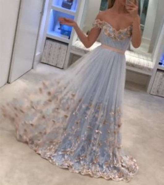 A-line Off-the-shoulder Appliques Sweep Train Tulle Prom Dress with Flowers AS0935