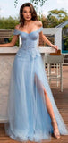 Blue A-line Tulle Elegant Off Shoulder Long Prom Dresses QZ5247