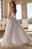 A-Line/Princess Sweetheart Neck Silver Tulle Long Prom Dresses FH3062