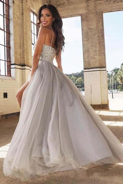 A-Line/Princess Sweetheart Neck Silver Tulle Long Prom Dresses FH3062