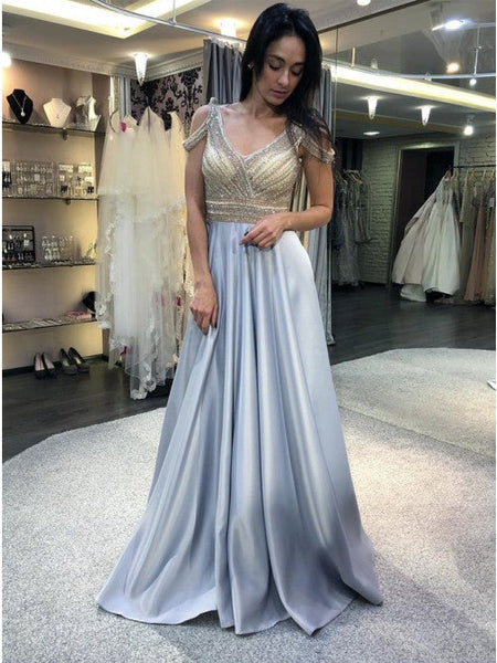 A-Line V-Neck Cold Shoulder Sweep Train Blue Beading Prom Dress YD4201