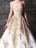 A Line Tulle Wedding Dress with Gold Lace Appliques JQ1013