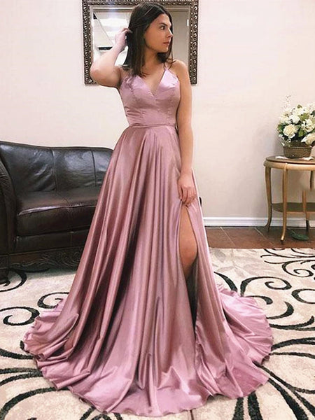 A Line V Neck Dusty Pink Prom Dresses with Corset Back GH9416
