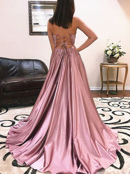 A Line V Neck Dusty Pink Prom Dresses with Corset Back GH9416