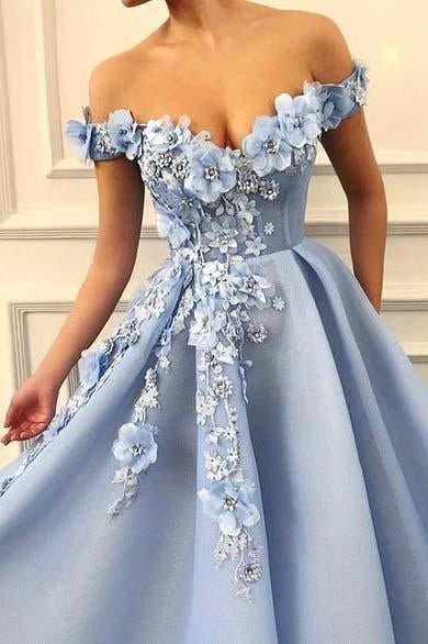 A Line Blue Off the Shoulder Tulle Lace Sweetheart 3D Flowers Prom Dresses BG412