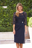 A Line Navy Blue Lace 3/4 Sleeve Short Chiffon Scoop Mother of the Bride Dresses SHE023