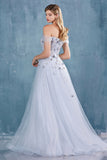 A Line Off The Shoulder Embroidered And Beaded Tulle Prom Dress VJ0415