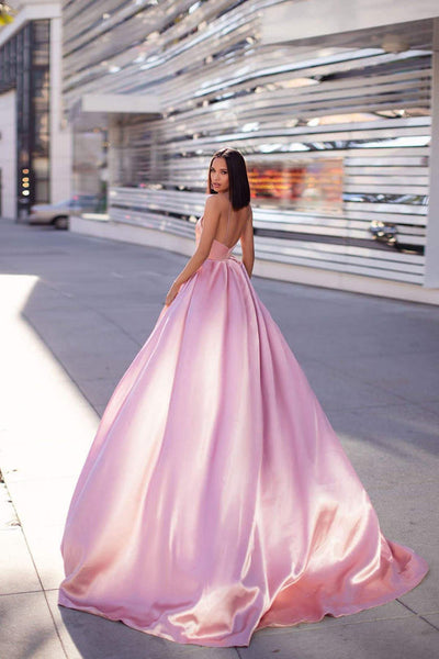 A-line Deep V-neck Baby Pink Satin Prom Dresses TS5110
