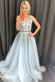 Baby Blue Tulle V Neck Long Sweet Prom Dress Appliques Evening Dress PDA541 | ballgownbridal