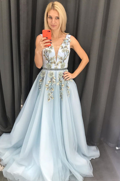 Baby Blue Tulle V Neck Long Sweet Prom Dress Appliques Evening Dress PDA541 | ballgownbridal