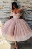 Fancy Ball Gown Off the Shoulder Tea Length Prom Dresses, Homecoming Dress SJ211005