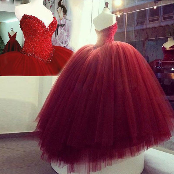 Sweetheart Red Ball Gown Long Prom Dress With Beadings, Evening Dress SJ211144