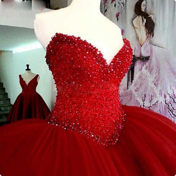 Sweetheart Red Ball Gown Long Prom Dress With Beadings, Evening Dress SJ211144