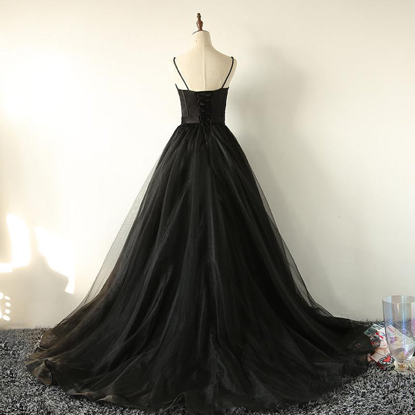 Ball Gown Spaghetti Straps Black Tulle Prom Dress Long Brush/Sweep Train Prom Dress PDA572