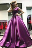 Ball Gown V-Neck Sweep Train Satin Sleeveless Long Backless Prom Dress SJ211119