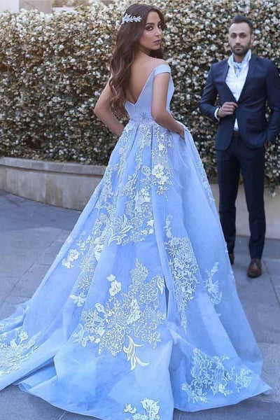 Ball Gown Off-The-Shoulder Sweep Train Blue Tulle Prom Dress PQ4018