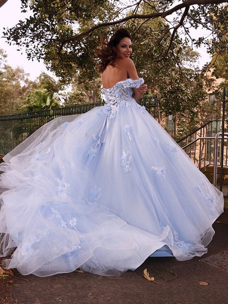 Blue Tulle Off Shoulder Applique Sweep Train  Ball Gown Dress EB6295