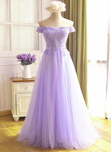 Beautiful A-Line Lavender Tulle Off-The-Shoulder Prom Dress, Evening Dress SJ211041