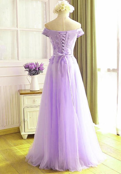 Beautiful A-Line Lavender Tulle Off-The-Shoulder Prom Dress, Evening Dress SJ211041