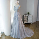 Beautiful Light Grey Tulle Backless Long Prom Dress, Homecoming Dress SJ211042