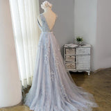 Beautiful Light Grey Tulle Backless Long Prom Dress, Homecoming Dress SJ211042