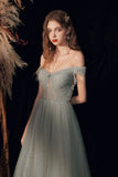 Shiny A-Line Sweetheart Tulle Long Prom Dress With Sequins, Evening Dresses SJ211128