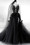Black Backless Tulle Prom Dress With Appliques SJ210901