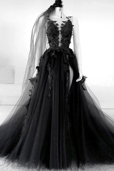 Black Backless Tulle Prom Dress With Appliques SJ210901