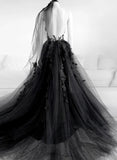 Black Backless Tulle Prom Dress With Appliques SJ210901