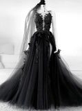 Black Backless Tulle Prom Dress With Appliques SJ210901
