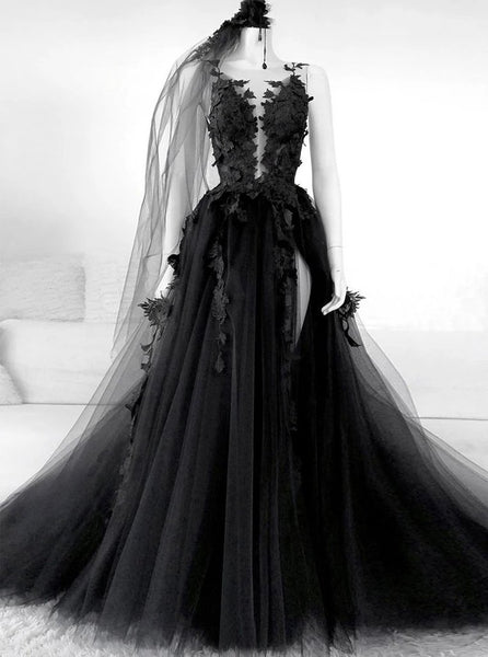 Black Backless Tulle Prom Dress With Appliques SJ210901