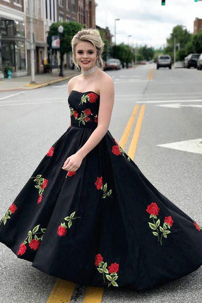 Black Prom Dresses Sweetheart A-line Embroidery Long Simple Prom Dress PDA575 | ballgownbridal