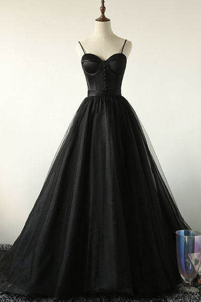 Black Tulle A-Line Spaghetti Straps Long Prom Dress SJ211075