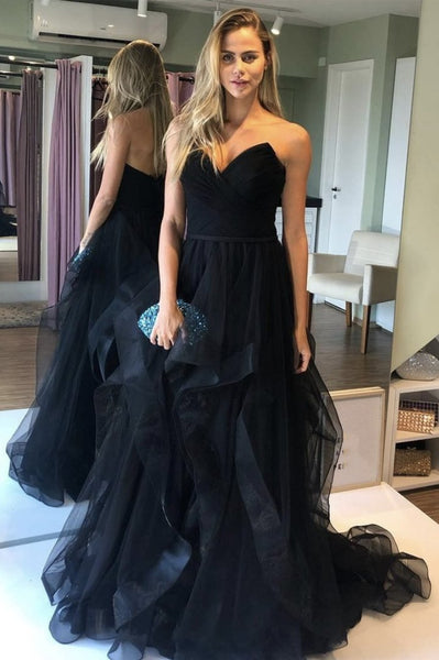 A line Black Tulle Long Prom Dress With Ruffles, Evening Dress SJ211073