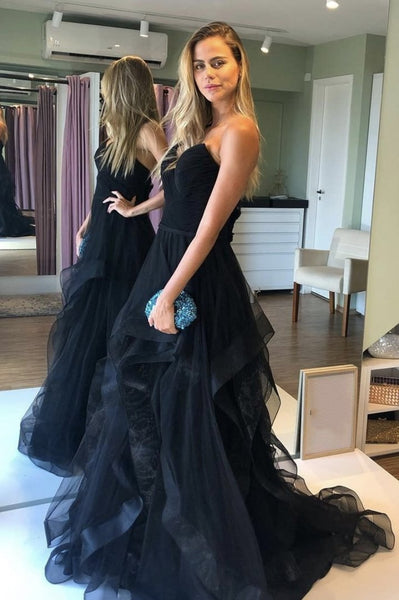 A line Black Tulle Long Prom Dress With Ruffles, Evening Dress SJ211073