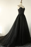 Black Tulle A-Line Spaghetti Straps Long Prom Dress SJ211075